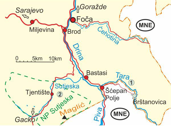 Karte von Fluss Tara und Nationalpark Sutjeska