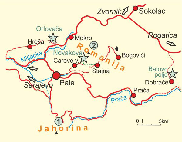 Karte von Berge Jahorina und Romanija