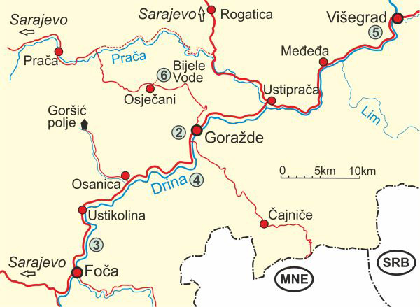 Karte von Fluss Drina - Oberlauf 