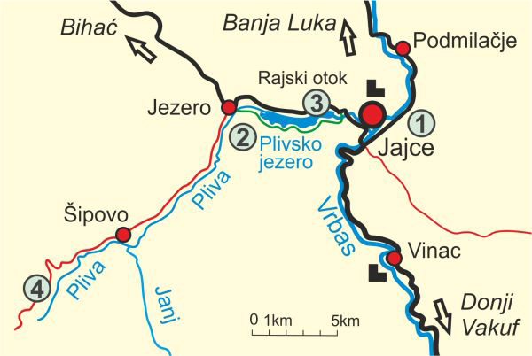 Karte von Jajce und Pliva Seen 